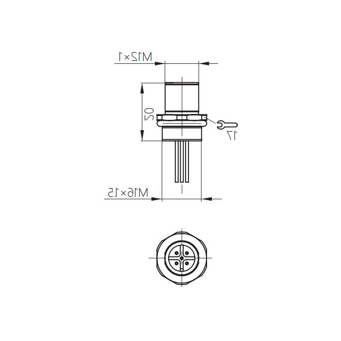 M12 5Pin、公头直型、法兰插座、板前安装、适用于现场焊接安装、64SA61H