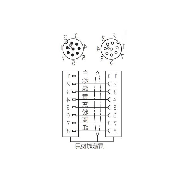 M12 8Pin、母头直型转公头直型、双端预铸PUR柔性电缆、带屏蔽、黑色护套、64D385-XXX